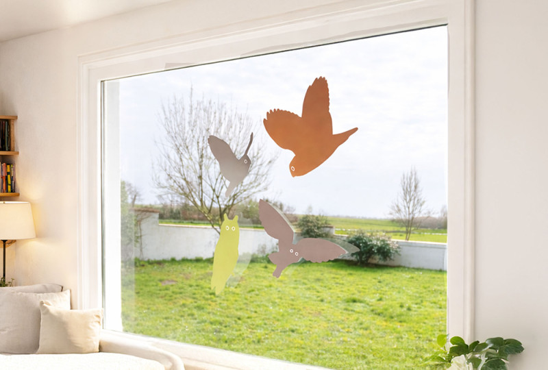 Stickers anticollisions de couleur posés sur une vitre de maison