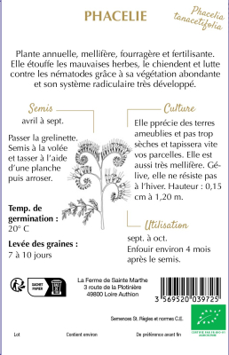 Graines Bio Engrais vert - Phacélie 20 m2