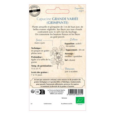 Graines Bio Capucine grande variée grimpante