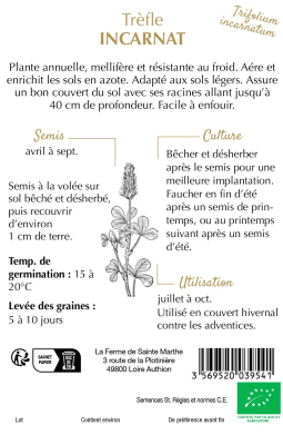 Graines Bio Engrais vert - Trèfle Incarnat annuelle 60 m²