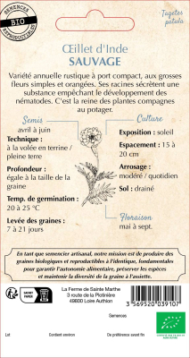 Graines Bio Oeillet d'Inde Sauvage Tagete Patula