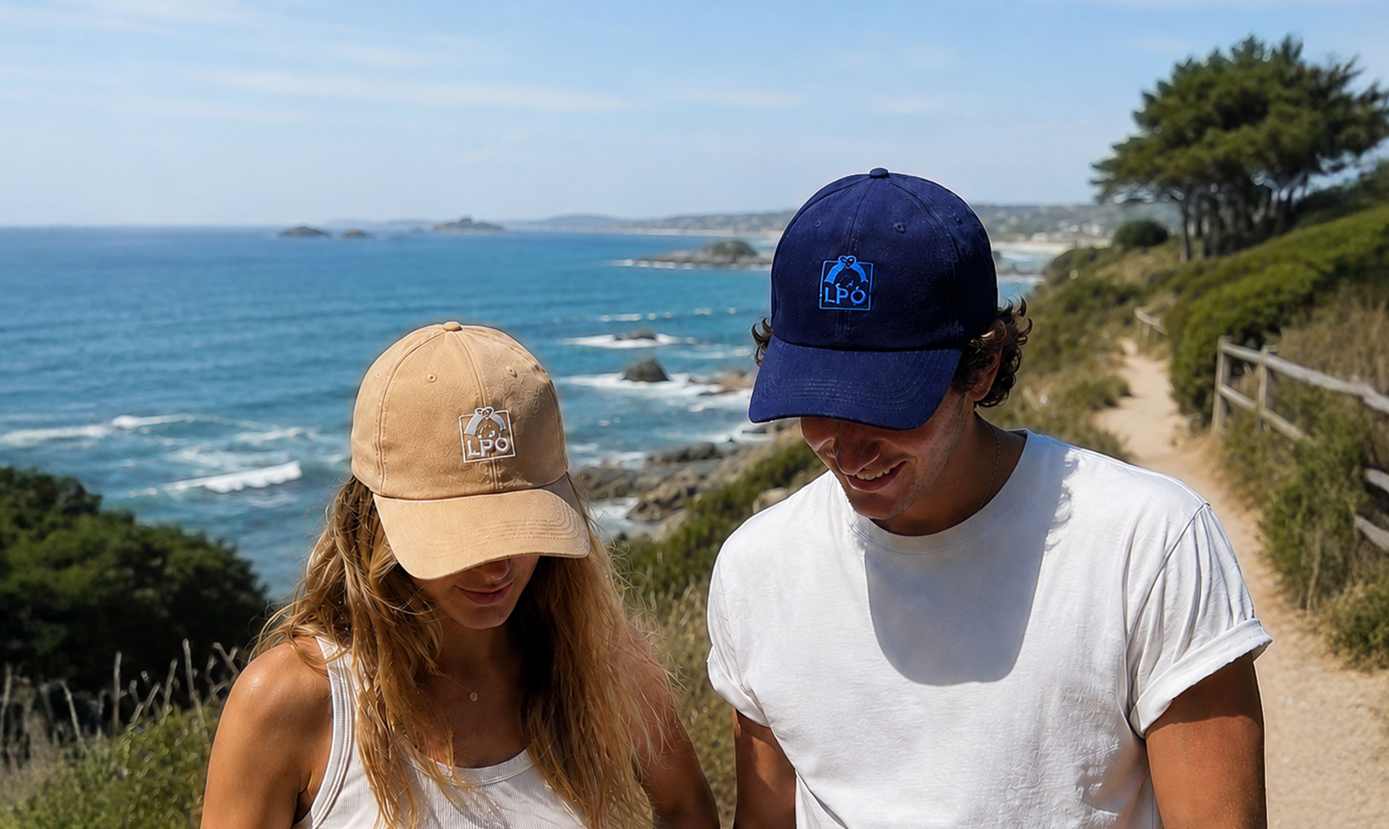 Femme avec casquette LPO beige et homme portant la casquette LPO bleue